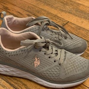 Shoes sneakers grey, pink with a white platform